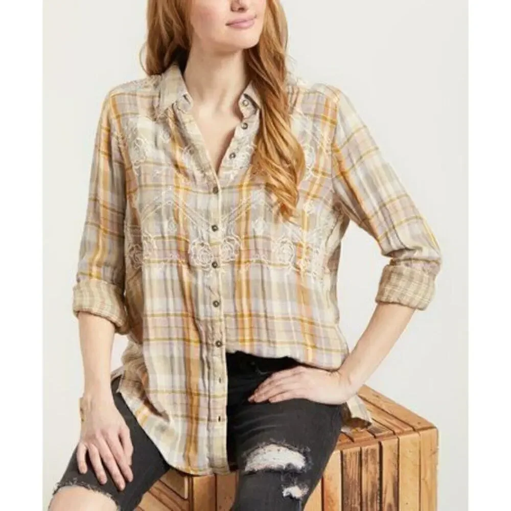 Free People Magic Plaid Button Down Long Sleeve Embroidered Shirt Top Size XS